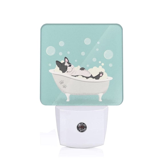 Naloa French Bulldog Taking a Bath Night Lights Plug into Wall, Dusk to Dawn Sensor Warm White Led Night Light 0.5W, Nightlight suit for Adults, Bedroom, Bathroom, Hallway, Kitchen