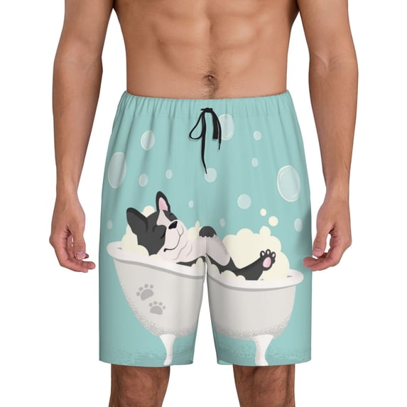 Naloa French Bulldog Taking a Bath Men's Short Pajama Pants, Lounge Comfort Shorts with Elasticized Waistband and Side Pockets - XX-Large
