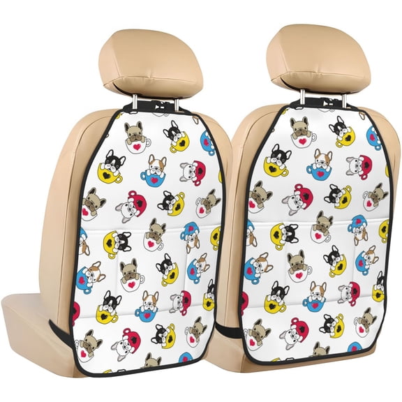 Naloa French Bulldog With Coffee Cup 2Pcs Anti-Kick Back Seat Cover Kick Mat, Car Seat Protector with 3 Storage Pockets