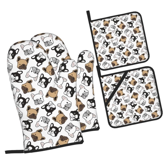 Naloa French Bulldog3 Oven Mitts and Pot Holders 4 pcs Set, Cooking Baking Grilling Kitchen Oven Glove for Cooking