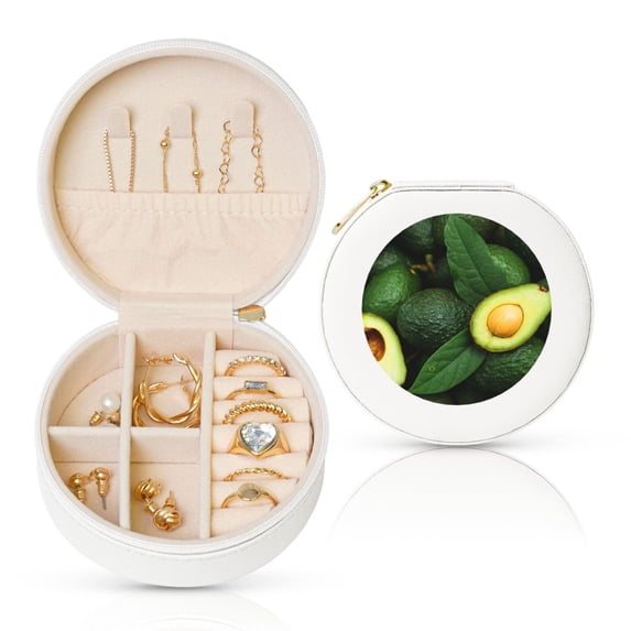 Naloa Fresh Avocados Round Jewelry Box, Travel Jewelry Organizer, 3.9 x 3.9 x 2in Jewelry Storage Box for Women-White