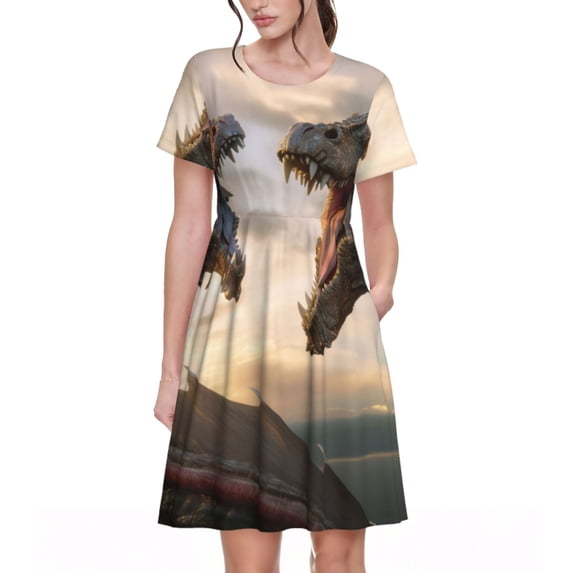 Naloa Friendship Dragon Print Womens Summer A-Line Dress with Pockets,Short Sleeve Dresses,Flowy Beach Swing Dress for Vacation Travel