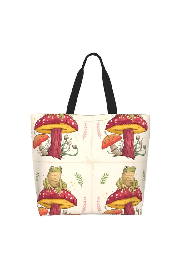 Frog Sitting On Mushroom Tote Bag for Women Large Capacity Shoulder Bag for College Work Travel Shopping