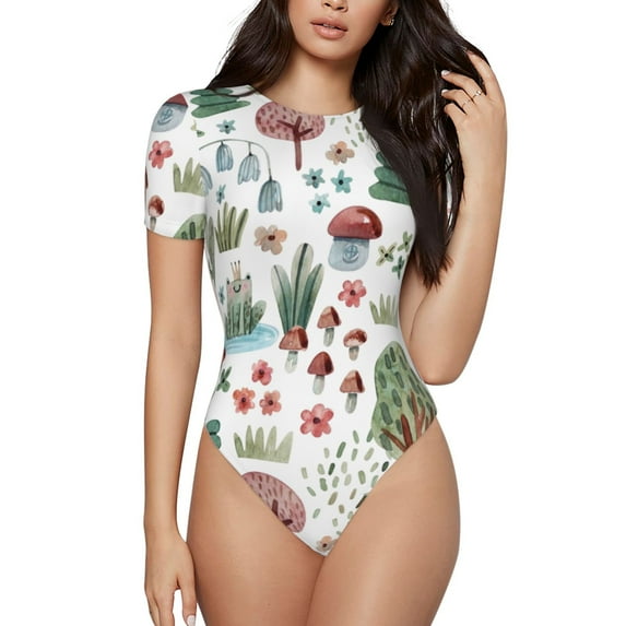 Naloa Frog and Forest Plants Women's Short-Sleeved Onesie, One-Piece Swimsuit for Parties, dates, clubs - X-Large