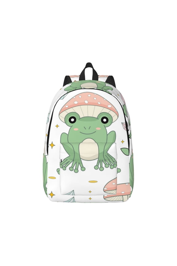 Frog and Mushrooms Canvas Backpack for Men Women Rucksack Casual Travel Daypack College Tote Satchel Bookbag for Teens-Medium