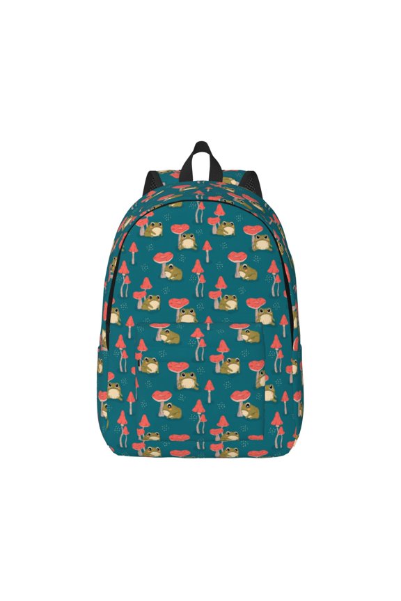 Frog and Mushrooms Canvas Backpack for Men Women Rucksack Casual Travel Daypack College Tote Satchel Bookbag for Teens-Small