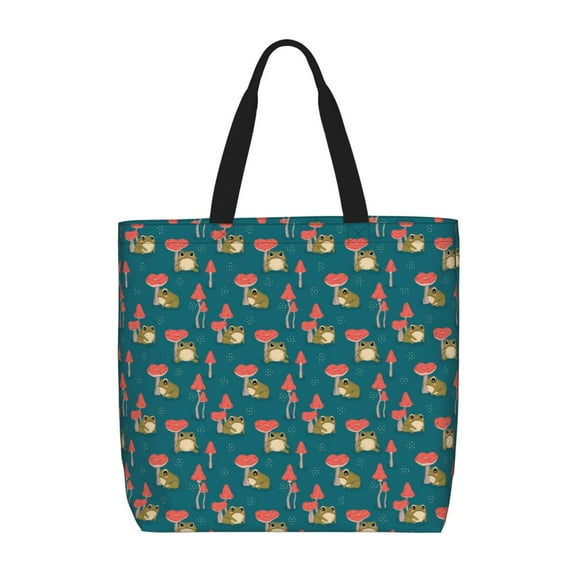 Naloa Frog and Mushrooms Tote Bag for Women, Foldable Tote Bag With Zipper, Large Shoulder Bag, Top Handle Handbag for Travel, Work, Shopping