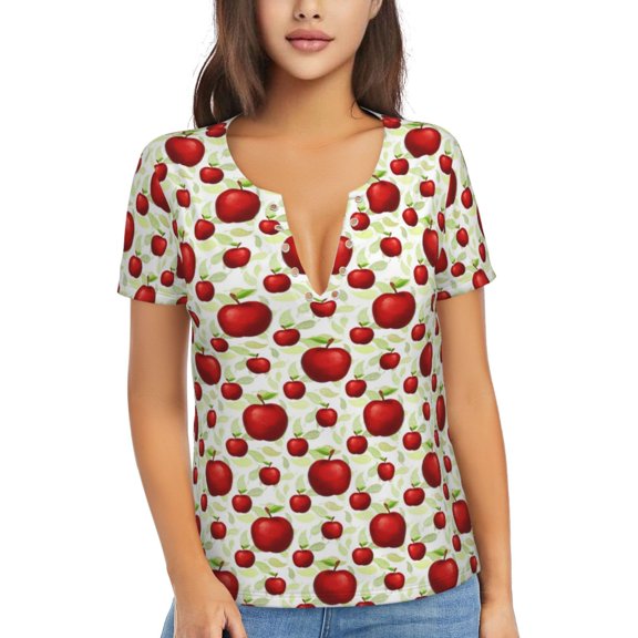 Naloa Fruit Apples Print T-Shirts Short Sleeve V Neck Tees for Women Fashion Tops Trendy Lightweight Soft Casual Summer Outfits Clothes