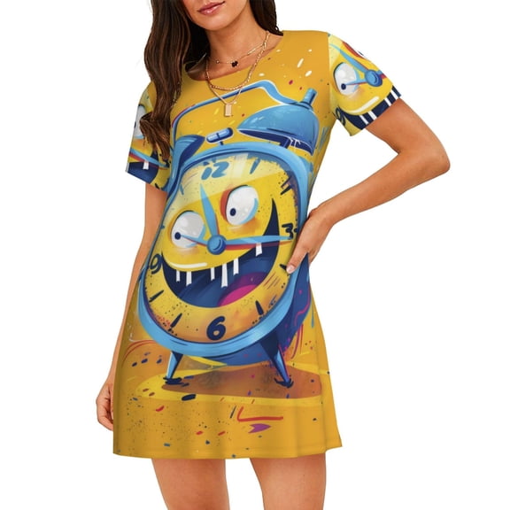 Naloa Funny Alarm Clock Illustration Print Women Nightgowns,Womens Loungewear,Short Sleeve Sleepwear,Comfy Ladies Nightdress