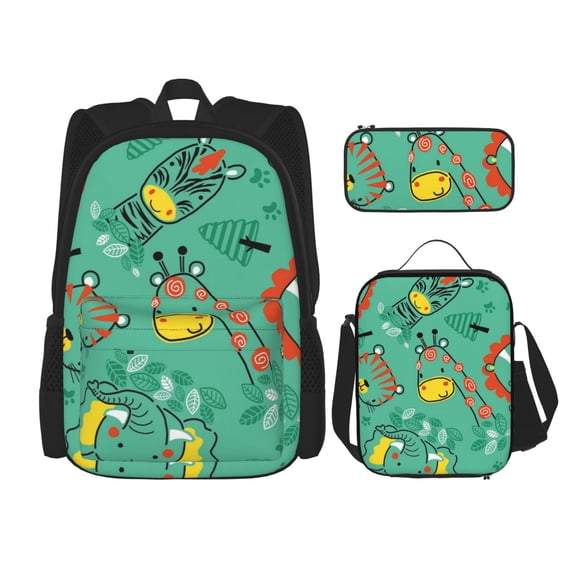 Naloa Funny Animals in Jungle Print Large Capacity Backpack Lunch Bag Pencil Case Combination 3 Piece Set for Student