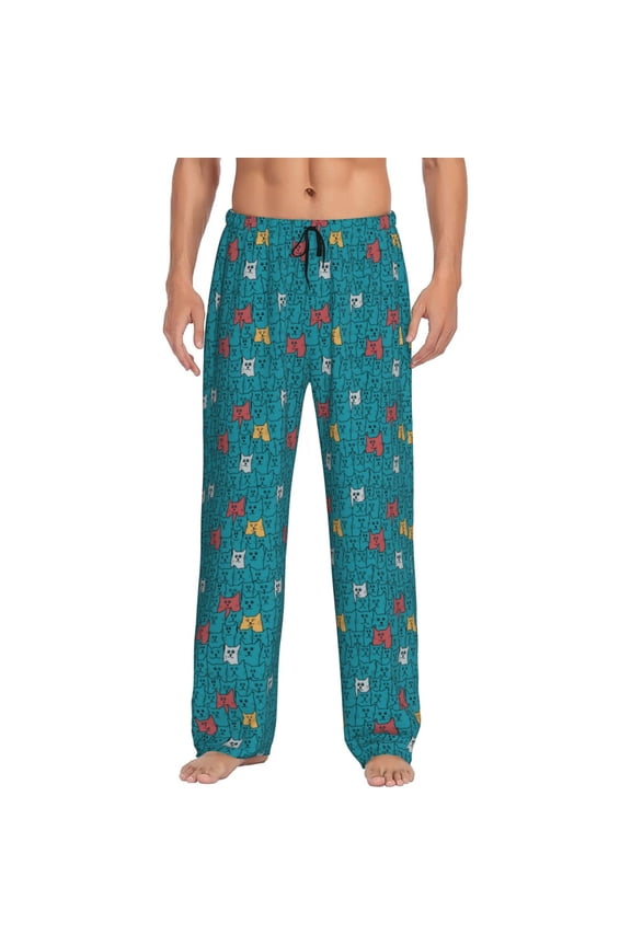 Funny Cat Blue Pajama Pants Men, PJ Bottoms, Sleep & Lounge Pants-Small