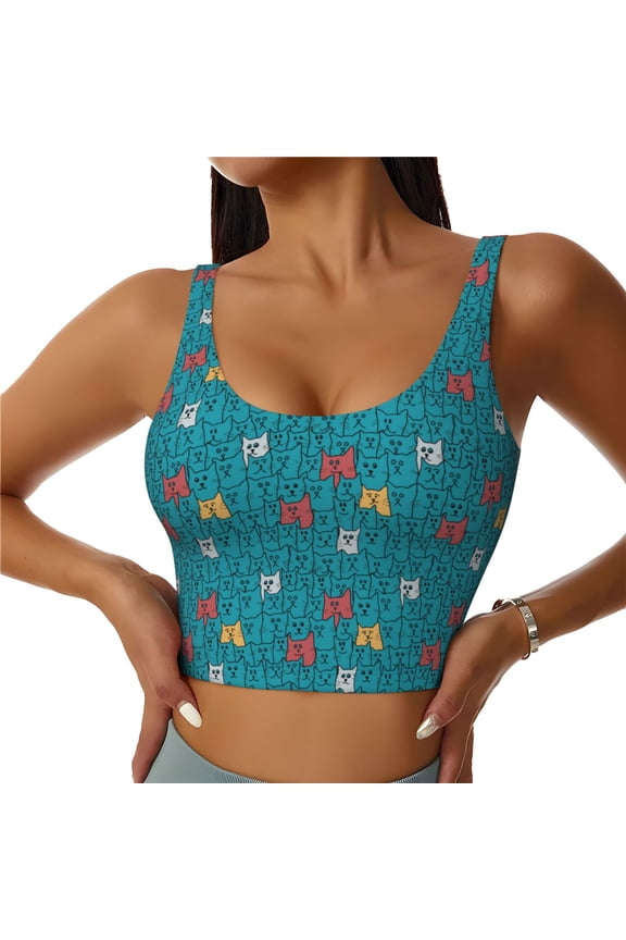 Funny Cat Blue Sports Bras for Women, High Support Bra with Removable Pads, Comfortable - Medium