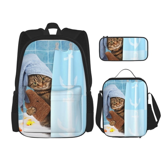 Naloa Funny Cat Taking a Bath Print Large Capacity Backpack Lunch Bag Pencil Case Combination 3 Piece Set for Student