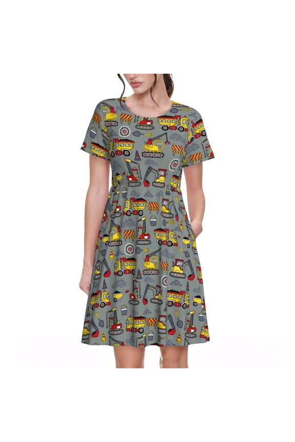 Funny Construction Print Womens Summer A-Line Dress with Pockets,Short Sleeve Dresses,Flowy Beach Swing Dress for Vacation Travel