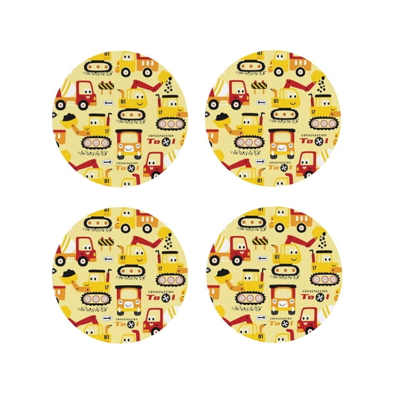 Naloa Funny Construction Vehicles Leather Coasters for Drinks, Durable Drink Coasters 4 Set for Tabletop Protection, Luxurious Home Décor and Housewarming Gift ( {designName})Round Shape
