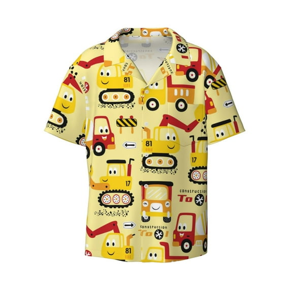 Naloa Funny Construction Vehicles Men's Loose Fit Cuban Collar Short-Sleeve Shirt with Button-down and Chest Pocket for Everyday Wear Outings - XX-Large