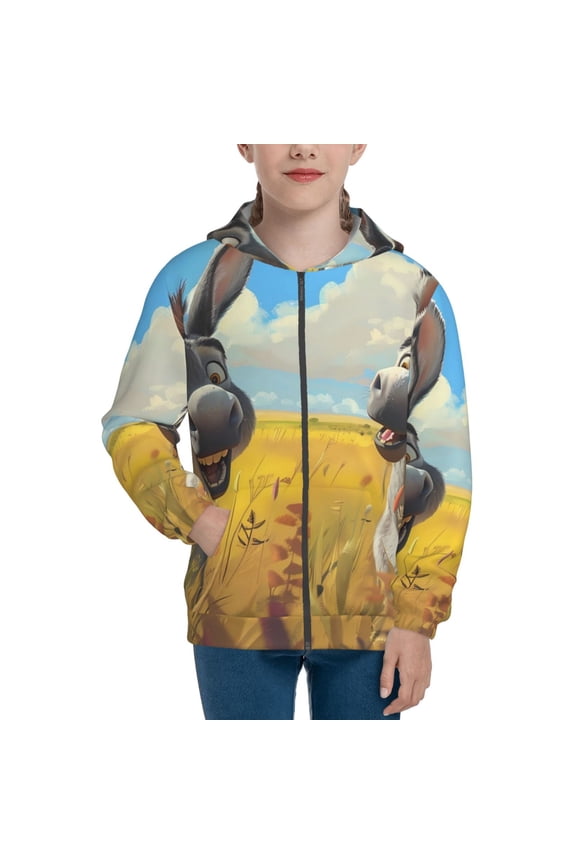 Funny Countryside Donkey Teenage Zipper Hoodie, Long Sleeve Zip Up Hoodies Casual Jackets Tops for 7-12 Years-