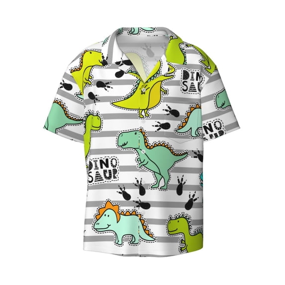 Naloa Funny Dinosaurs on Stripes Men's Loose Fit Cuban Collar Short-Sleeve Shirt with Button-down and Chest Pocket for Everyday Wear Outings - 3X-Large