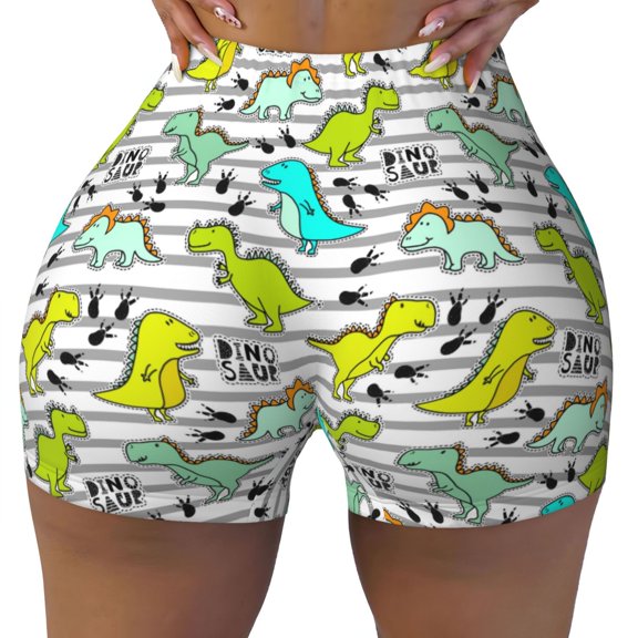 Naloa Funny Dinosaurs on Stripes Biker Shorts for Women Seamless Scrunch Short Women’s Yoga Shorts for Gym Running Sport Shorts - Medium