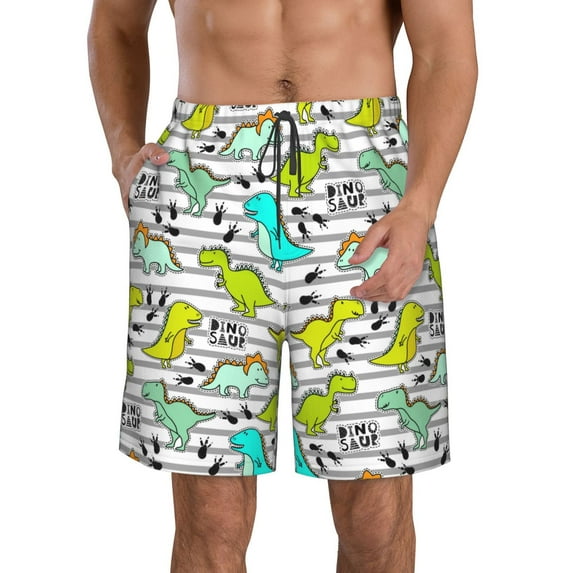 Naloa Funny Dinosaurs on Stripes Men's Beach Shorts, Surfing shorts, Swim trunks, Quick Dry Swim Trunks for Surfing Beach Fun - XX-Large