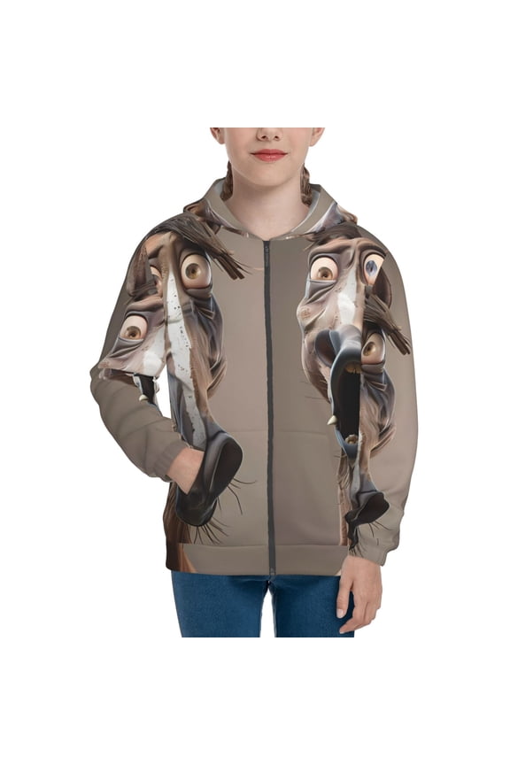 Funny Horse Faces Expressions Teenage Zipper Hoodie, Long Sleeve Zip Up Hoodies Casual Jackets Tops for 7-12 Years-Small