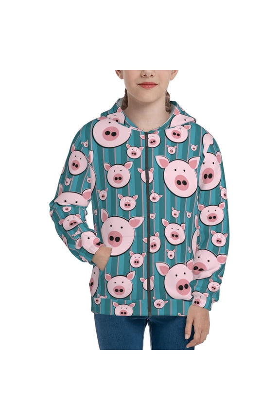 Funny Pig Faces Teenage Zipper Hoodie, Long Sleeve Zip Up Hoodies Casual Jackets Tops for 7-12 Years-Small