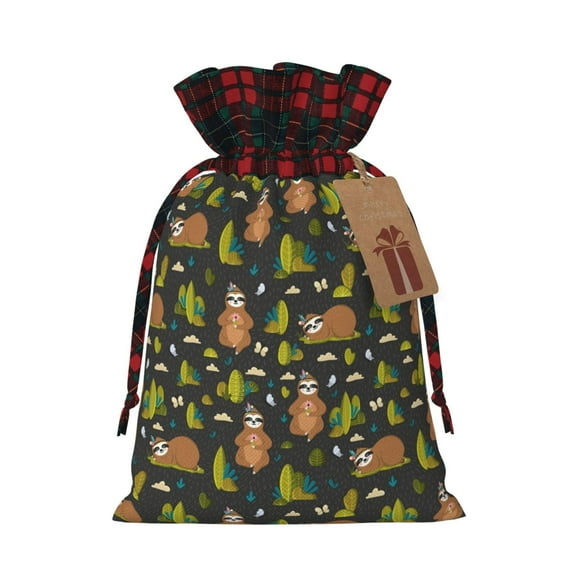 Naloa Funny Sloths In The Forest Christmas Gift Bags Christmas Drawstring Gift Bags Christmas Trees Decorations Indoor Holiday Party Christmas Treat Bags-Black