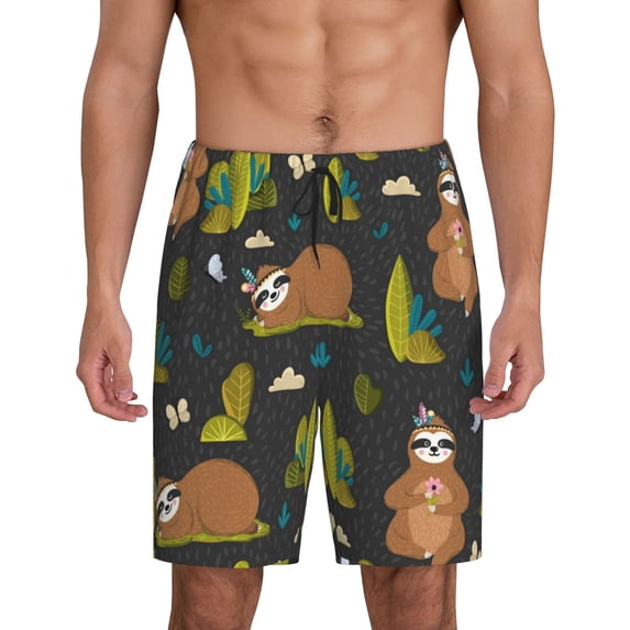 Naloa Funny Sloths In The Forest Men's Short Pajama Pants, Lounge Comfort Shorts with Elasticized Waistband and Side Pockets - Small