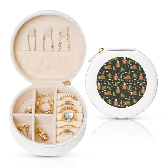 Naloa Funny Sloths In The Forest Round Jewelry Box, Travel Jewelry Organizer, 3.9 x 3.9 x 2in Jewelry Storage Box for Women-White