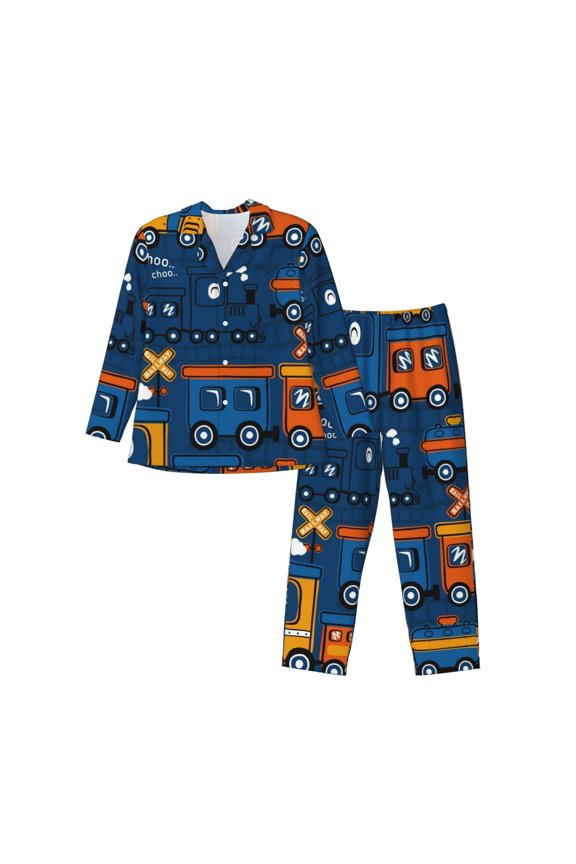 Funny Steam Train Men’s Pajamas Set - Long Sleeve Button Down Sleep Shirt and Pajama Bottoms Sleepwear Set-X-Large