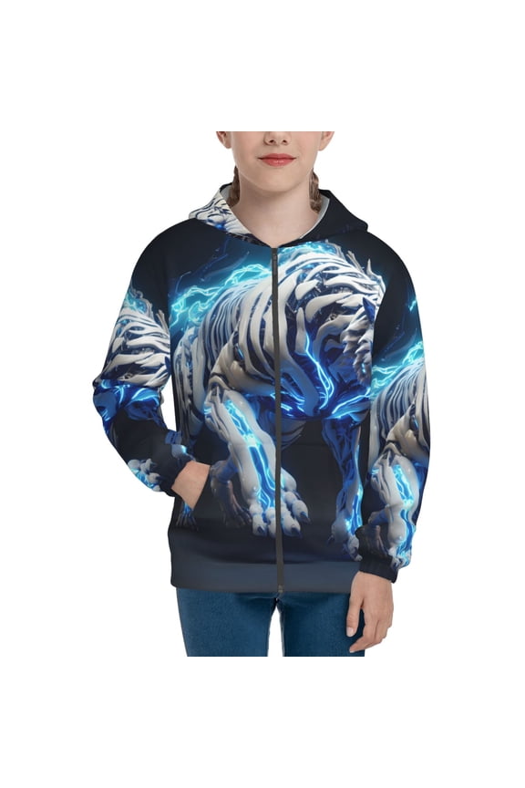 Futuristic Blue Light White Tiger Teenage Zipper Hoodie, Long Sleeve Zip Up Hoodies Casual Jackets Tops for 7-12 Years-Medium