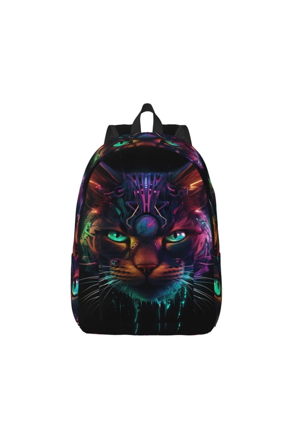 Futuristic Cat Warrior Canvas Backpack for Men Women Rucksack Casual Travel Daypack College Tote Satchel Bookbag for Teens-Small
