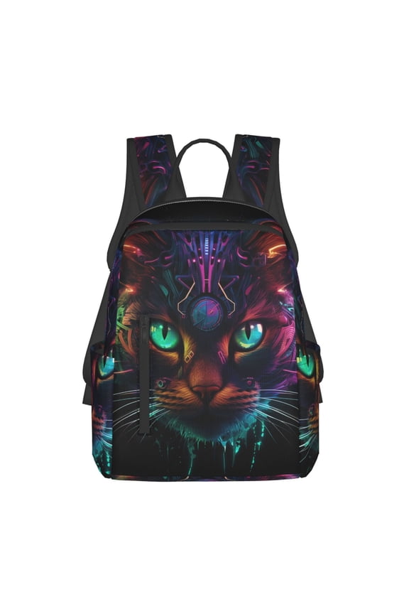 Futuristic Cat Warrior Print Lightweight DayBackpack Suitable for school, work, shopping, travel, etc.