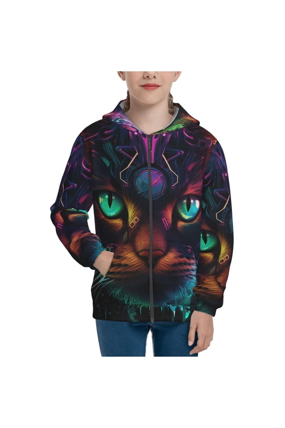 Futuristic Cat Warrior Teenage Zipper Hoodie, Long Sleeve Zip Up Hoodies Casual Jackets Tops for 7-12 Years-Medium