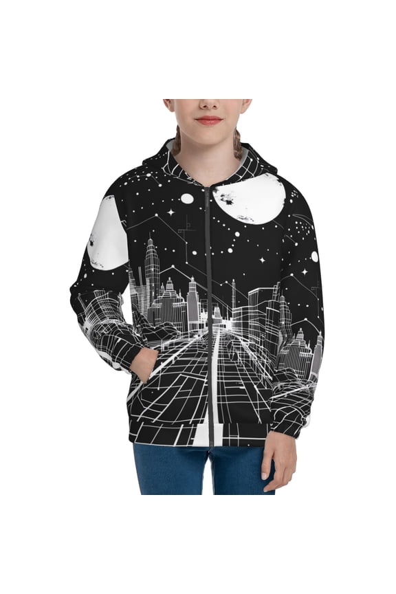 Futuristic Moonlit Cityscape Teenage Zipper Hoodie, Long Sleeve Zip Up Hoodies Casual Jackets Tops for 7-12 Years-Medium