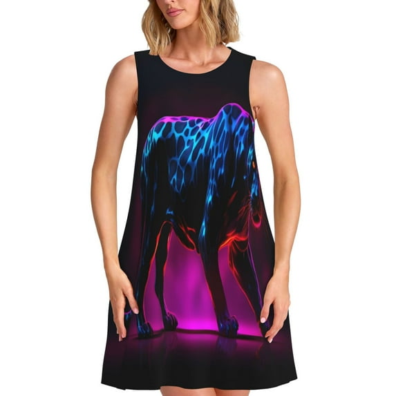 Naloa Futuristic Purple Panther A、 Print Women's Summer Spring Casual Beach Sundress,Vacation Sleeveless Tank Crewneck Loose Dresses