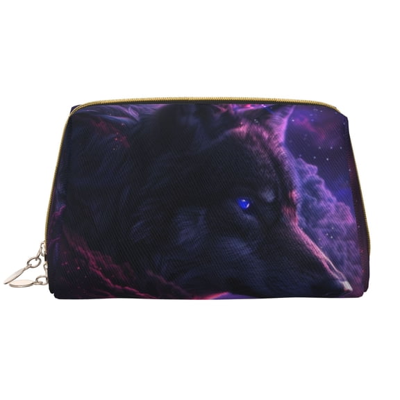 Naloa Galactic Wolf Stare Leather Makeup Bag for Purse Travel, Portable Small Cosmetic Organizer for Women and Girls, Make up Bag with Zipper