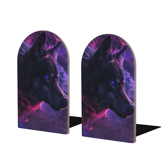 Naloa Galactic Wolf Stare Wood Non-Skid Bookend for Shelves,Book Ends for Heavy Books, Book Stand for CDs,1 Pair