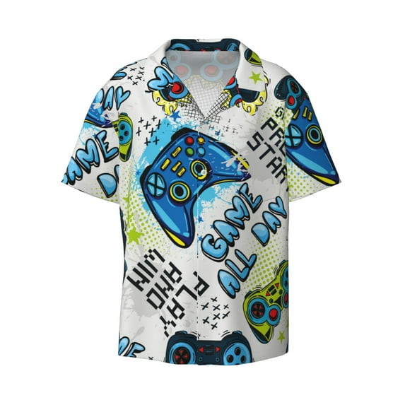 Naloa Game All Day Men's Loose Fit Cuban Collar Short-Sleeve Shirt with Button-down and Chest Pocket for Everyday Wear Outings - XX-Large