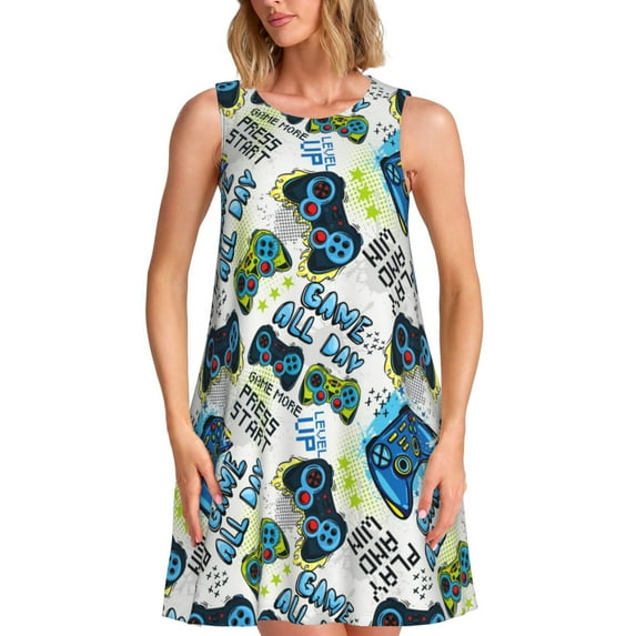 Naloa Game All Day Print Women's Summer Spring Casual Beach Sundress,Vacation Sleeveless Tank Crewneck Loose Dresses