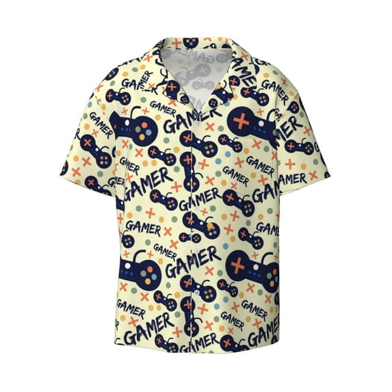 Naloa Game Controller Men's Loose Fit Cuban Collar Short-Sleeve Shirt with Button-down and Chest Pocket for Everyday Wear Outings - Small