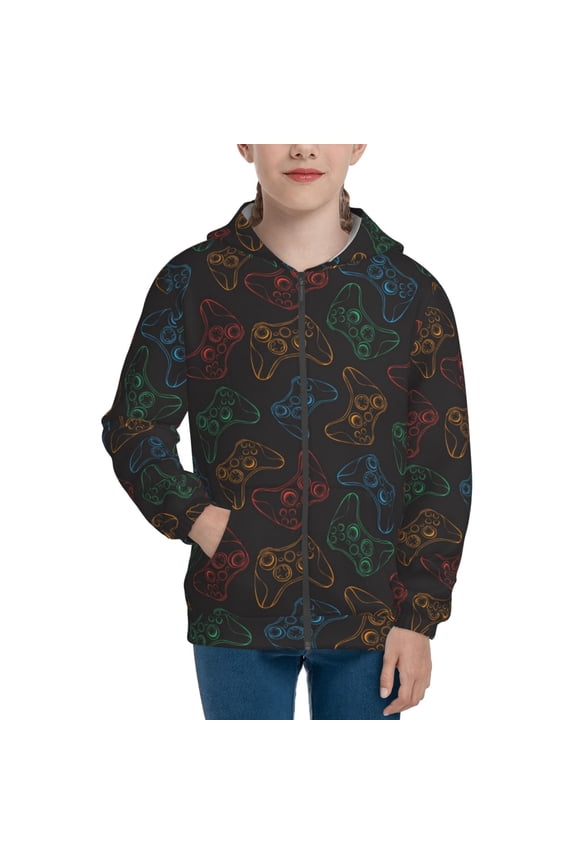 Gamepad Joystick Game Teenage Zipper Hoodie, Long Sleeve Zip Up Hoodies Casual Jackets Tops for 7-12 Years-Medium