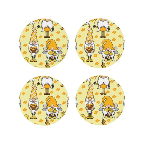 Naloa Garden Honeybee Gnomes Leather Coasters for Drinks, Durable Drink Coasters 4 Set for Tabletop Protection, Luxurious Home Décor and Housewarming Gift ( {designName})Round Shape