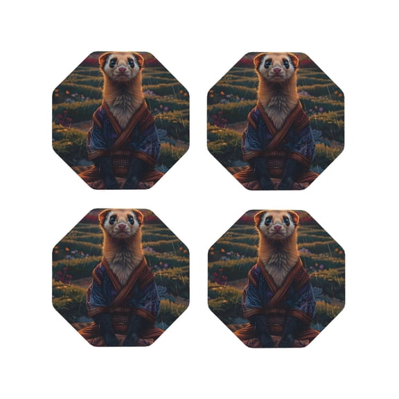 Naloa Garden Meditating Weasel Leather Coasters for Drinks, Durable Drink Coasters 4 Set for Tabletop Protection, Luxurious Home Décor and Housewarming Gift ( {designName})Octagon
