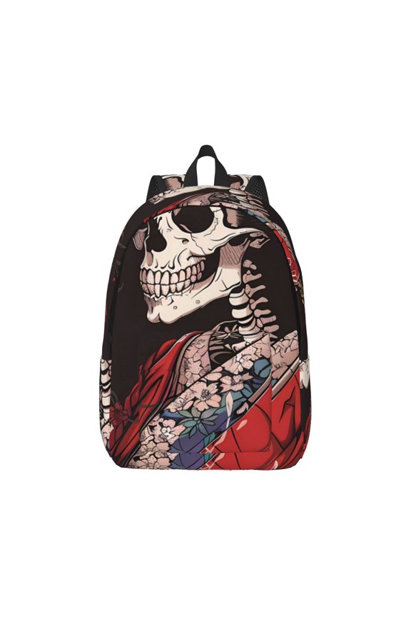 Geisha Skeleton With Flowers Canvas Backpack for Men Women Rucksack Casual Travel Daypack College Tote Satchel Bookbag for Teens-Small