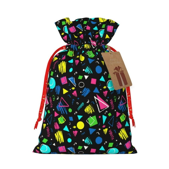 Naloa Geometric 1980s Styled Drawstring Christmas Bags, 3D Xmas Gift Bags, Christmas Wrapping Bags, Xmas Goodie Bags, Treat Pouch Bags, Party Favor Bags-Small