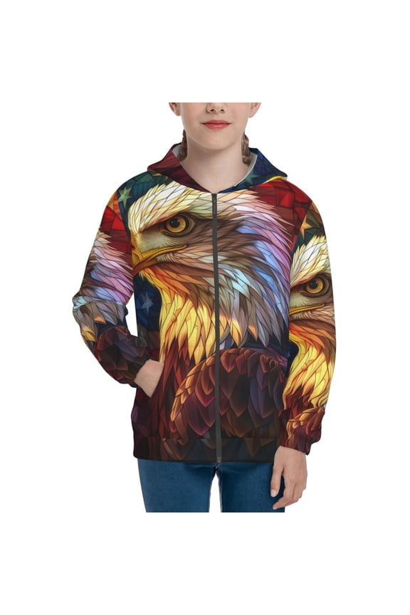 Geometric American Bald Eagle Teenage Zipper Hoodie, Long Sleeve Zip Up Hoodies Casual Jackets Tops for 7-12 Years-Small