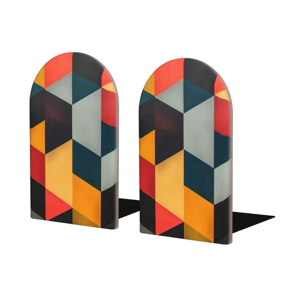 Naloa Geometric Cube Pattern Art Wood Non-Skid Bookend for Shelves,Book Ends for Heavy Books, Book Stand for CDs,1 Pair