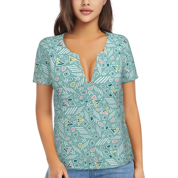 Naloa Geometric Elements Print T-Shirts Short Sleeve V Neck Tees for Women Fashion Tops Trendy Lightweight Soft Casual Summer Outfits Clothes