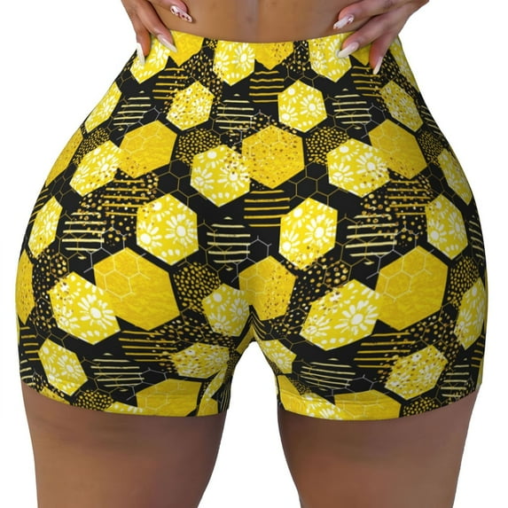 Naloa Geometric Pattern with Bee Biker Shorts for Women Seamless Scrunch Short Women’s Yoga Shorts for Gym Running Sport Shorts - X-Large